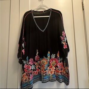 Johnny Was Black Tunic with Colorful Floral Embroidery